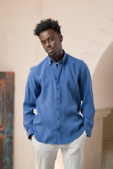 Dorss Yaka Düğmeli Yazlık İnce Tiril Tiril  %100 Modal Slimfit Gömlek - Resim 6