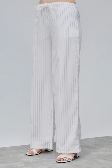 Kadın Pantolon Geniş Paça Yüksel Bel Cepli Çizgili Pantolon ÇİZGİLİ-PANTOLON - 8