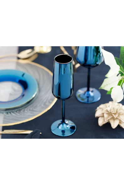 English Home Jade Cam 2'li Şampanya Kadeh 195 Ml Mavi - Lacivert - 2