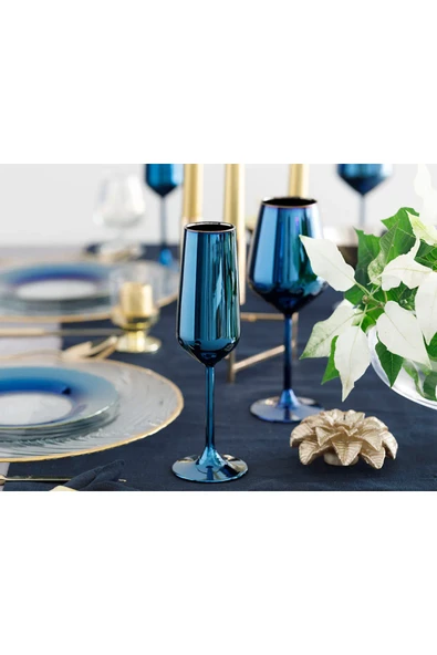 English Home Jade Cam 2'li Şampanya Kadeh 195 Ml Mavi - Lacivert - 1