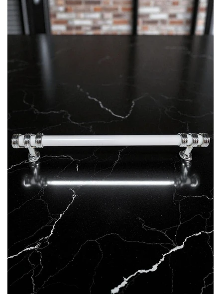 Nesli Alüminyum Metal Lüks Modern Mobilya Çekmece Mutfak Dolabı Kulpu Beyaz-Krom 128mm (10 Adet) - 3