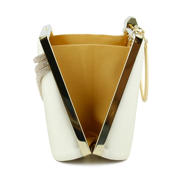 Erkan Saçmacı Ten Saten Taşlı Altın Metal Saplı Zincir Askılı Abiye Çanta - 4