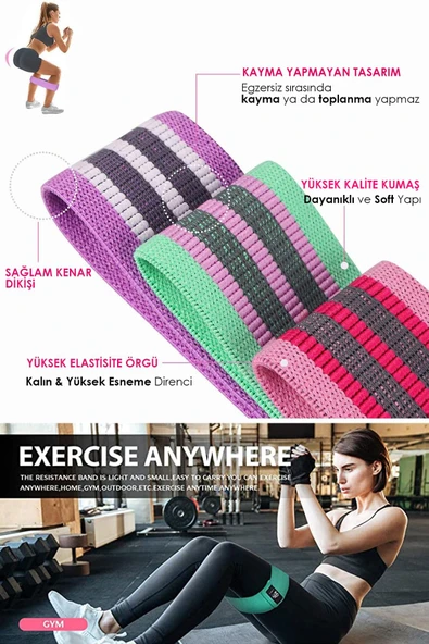3lü Squat Bant Pilates Fitness Spor Kalça Egzersiz Direnç Bandı Lastiği (HAFİF ORTA SERT) - 5