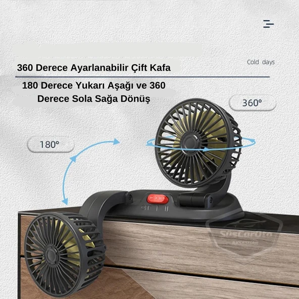 Üniversal Oto Ofis Araç İçi Torpido Üstü Vantilatör Çift Başlıklı USB Girişli 2 Kademeli Soğutucu Fan 360° Dönebilen Ultra Sessiz Oynar Başlıklı Araç Fanı - 10