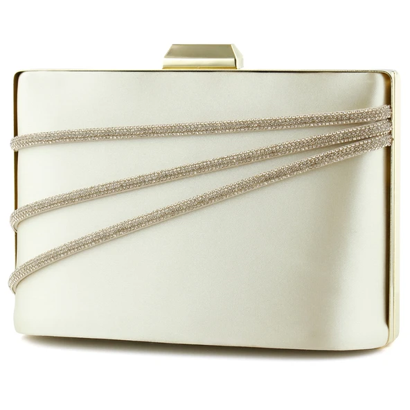 Erkan Saçmacı Ten Saten Taşlı Altın Metal Saplı Zincir Askılı Abiye Çanta