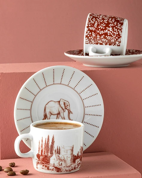 Elephant Porselen 4 Parça 2 Kişilik Kahve Fincan Takımı Bordo