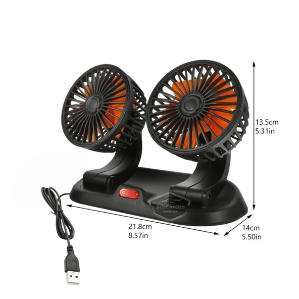Üniversal Oto Ofis Araç İçi Torpido Üstü Vantilatör Çift Başlıklı USB Girişli 2 Kademeli Soğutucu Fan 360° Dönebilen Ultra Sessiz Oynar Başlıklı Araç Fanı - 3
