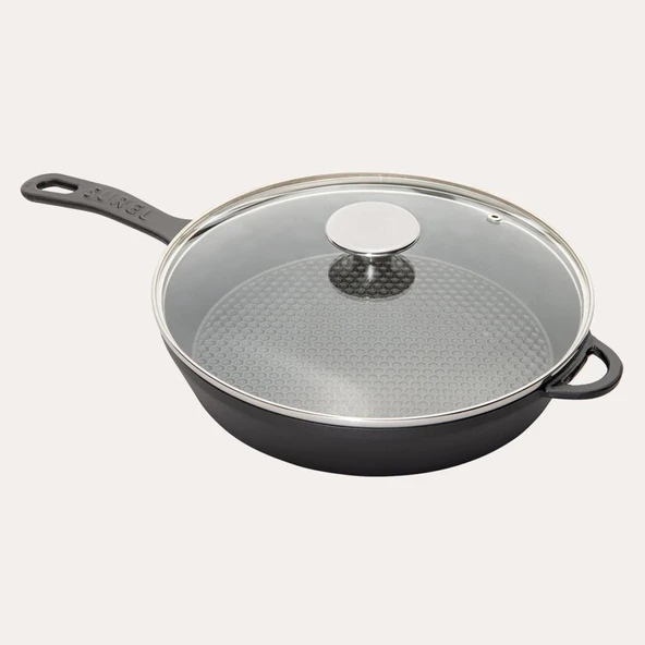 SÜREL DÖKÜM 28 CM YUVARLAK CAM KAPAKLI TAVA MAT SİYAH