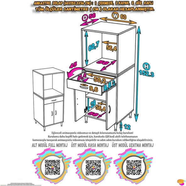 Modilayn BELEK Ankastre Dolap (60x152.3x56 cm): 1 çekmece, 2 kapak, 2 göz raflı kullanışlı tasarım - 4