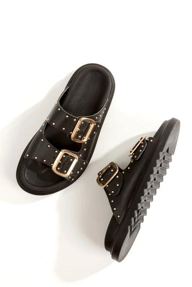 Zaris Siyah Hakiki Deri Çift Toka ve Altın Zımbalı Kadın Terlik - 3