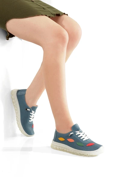 Aryan Mavi Hakiki Deri Yazlık Delikli Babet Anatomiye Uygun Spor Ayakkabı - 4