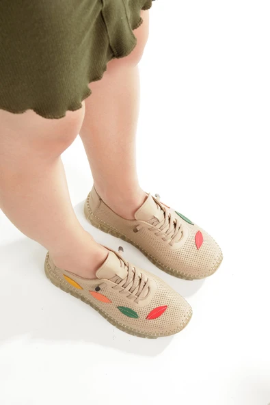 Aryan Krem Ten Rengi Hakiki Deri Yazlık Delikli Babet Anatomiye Uygun Spor Ayakkabı - 3