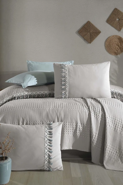 Clasy Bohemline Butik Çift Kişilik Pike Takımı Açık Gri ürün görseli 1