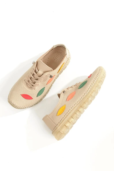 Aryan Krem Ten Rengi Hakiki Deri Yazlık Delikli Babet Anatomiye Uygun Spor Ayakkabı - 2