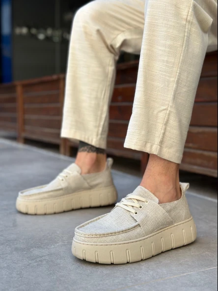 Pabucmarketi Bağcıklı Keten Erkek Günlük Ayakkabı KREM (KREM TABAN) ürün görseli