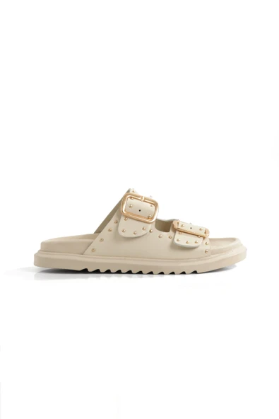 Zaris Bej Rengi Hakiki Deri Çift Toka ve Altın Zımbalı Kadın Terlik - 4