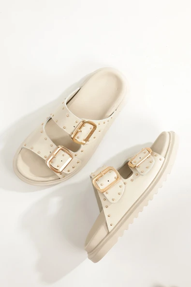 Zaris Bej Rengi Hakiki Deri Çift Toka ve Altın Zımbalı Kadın Terlik - 3