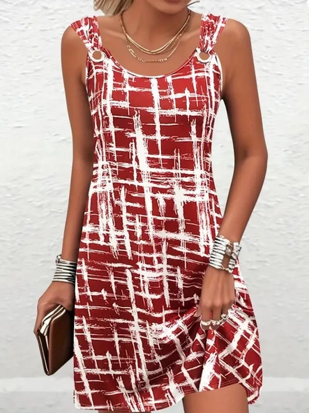 Lucky Life Kadın Askılı Kuş Gözü Detaylı Desenli Süprem Elbise - Resim 3