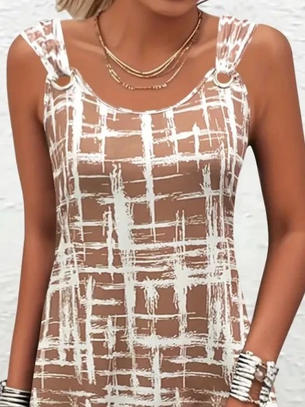 Lucky Life Kadın Askılı Kuş Gözü Detaylı Desenli Süprem Elbise - Resim 5