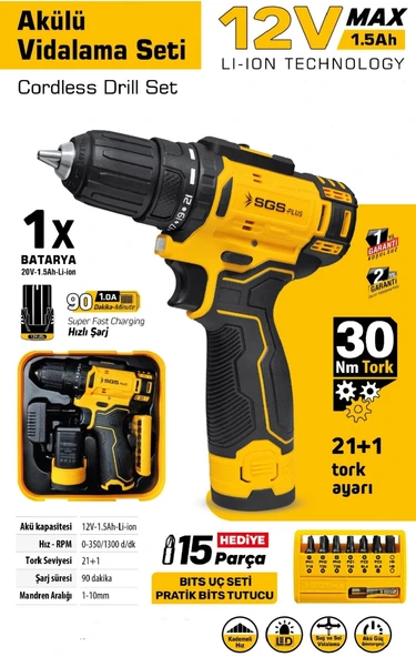 SGS PROFESYONEL TEK AKÜLÜ VİDALAMA SETİ 12 VOLT (1.5Ah) (BİTS UÇ SETİ) - 2