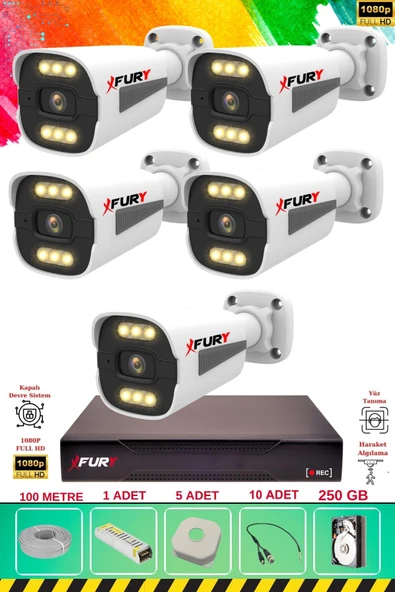 FURY 5 Kameralı 6 Warm Led Gece Renkli Görüş-Cepten İzle-Su Geçirmez Güvenlik Kamerası Seti 250GB ürün görseli