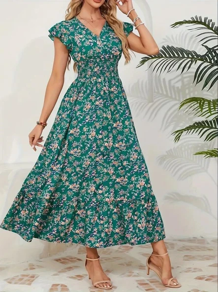 Lucky Life Kadın Kısa Kollu Kruvaze Yaka Beli Lastikli çiçek Desenli Elbise - Resim 11