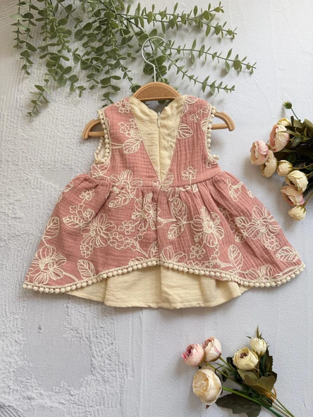 Moes Nakışlı Müslin Kız Çocuk Elbise - 3