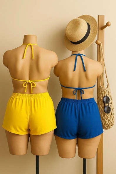 Kadın Sarı ve Mavi Şortlu Belden ve Boyundan Bağlamalı Bikini Takımı - 2