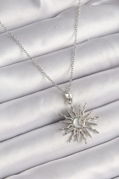 316L Çelik Gümüş Renk Zincir Zirkon Taşlı Yıldız Model Sedefli Ay İşleme Detay Kadın Kolye ürün görseli 1