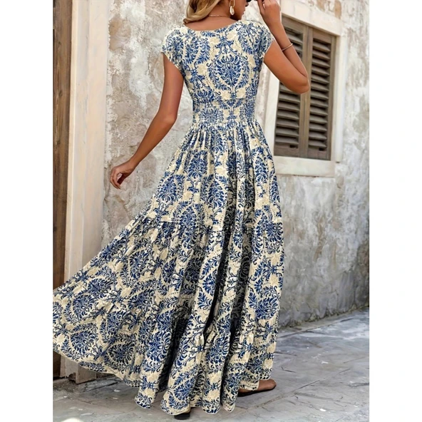 Lucky Life Kadın Kısa Kollu Kruvaze Yaka Beli Lastikli Süprem Maksi Boy Elbise - 3