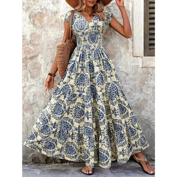 Lucky Life Kadın Kısa Kollu Kruvaze Yaka Beli Lastikli Süprem Maksi Boy Elbise - 2