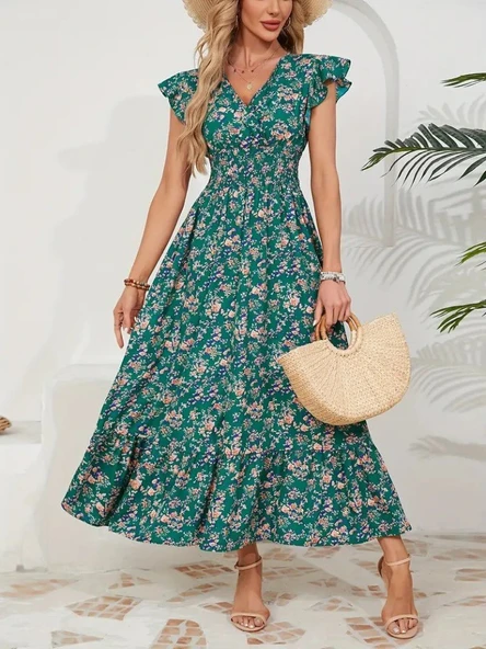 Lucky Life Kadın Kısa Kollu Kruvaze Yaka Beli Lastikli çiçek Desenli Elbise - Resim 3