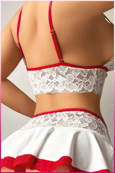 Kadın Şeffaf Volanlı Büstiyer Takım - Siyah Transparan Dantel Detaylı Mini Etek & Jartiyer Kombin - 8