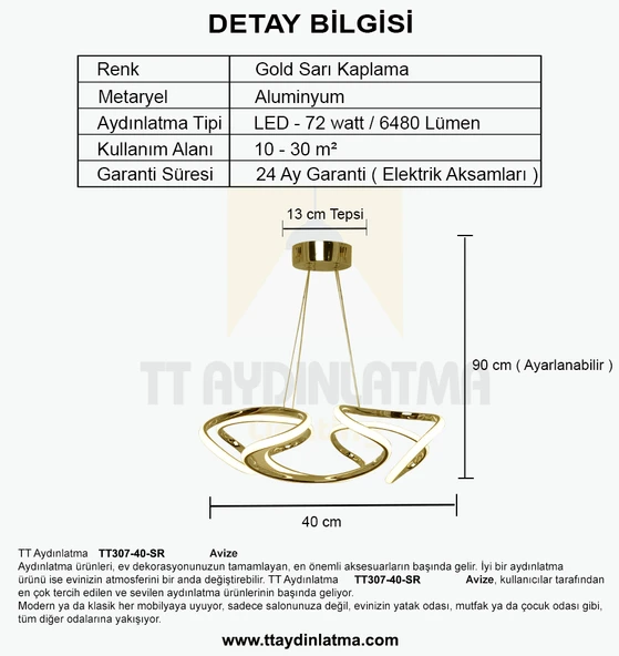 TT307-40-SR TT Aydınlatma Helezon Modeli Sarı Kaplama Led Avize - Resim 4