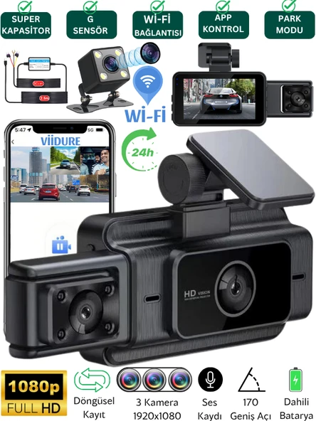 S-15 WiFi Full HD 3 Kameralı Araç İçi Güvenlik Kamerası + Park Modu Kablosu Ön-Arka-İç Kayıt,DashCam