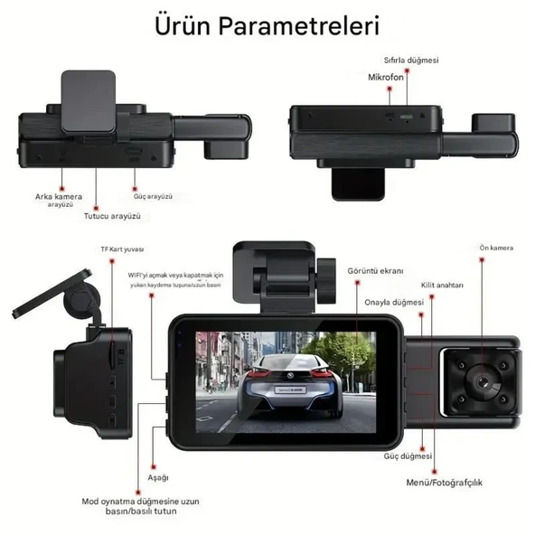 S-15 WiFi Full HD 3 Kameralı Araç İçi Güvenlik Kamerası + Park Modu Kablosu Ön-Arka-İç Kayıt,DashCam - 6