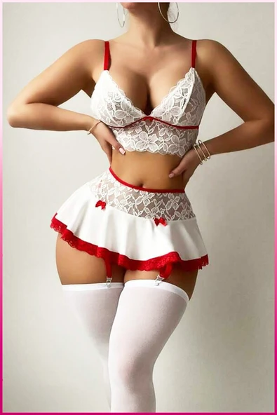 Kadın Şeffaf Volanlı Büstiyer Takım - Siyah Transparan Dantel Detaylı Mini Etek & Jartiyer Kombin - 6