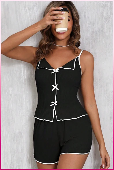 Kadın Şortlu Pijama Takımı ,Ribana Dokulu Askılı Takım, Yazlık Pamuklu Ev Giyim, 2 Renk Seçeneği - 7