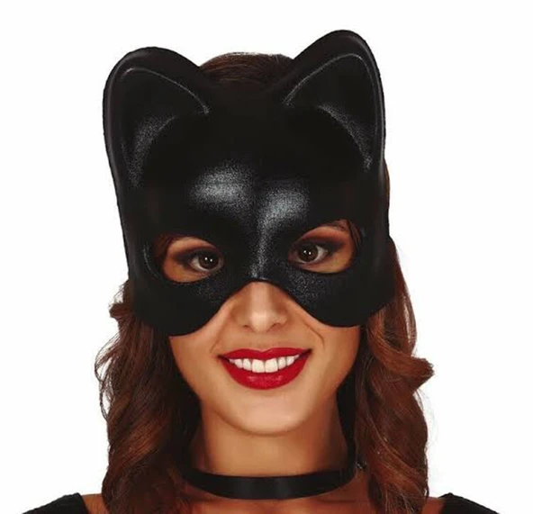Siyah Deri Görünümlü Kedi Maskesi - 3