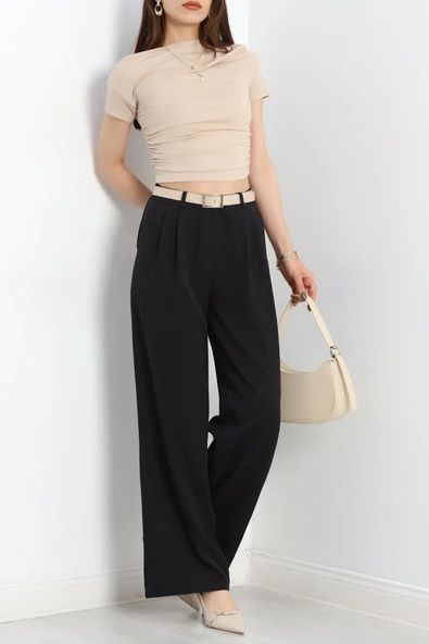 Pileli Palazzo Pantolon Siyah - 4