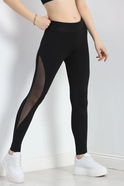 Dalgıç Kumaş Tül Detaylı Yüksekbel Tayt Siyah - Resim 6