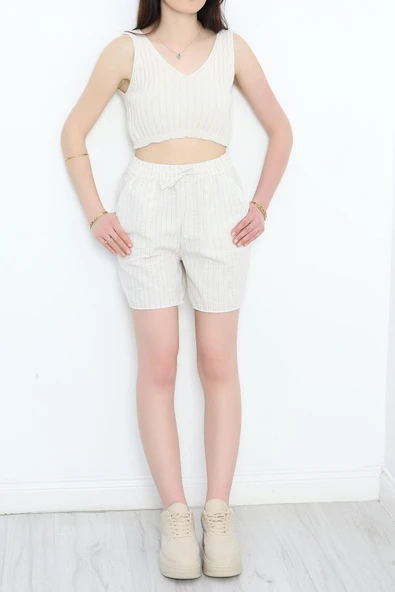 Keten Çizgili Şort Bejmint - 5