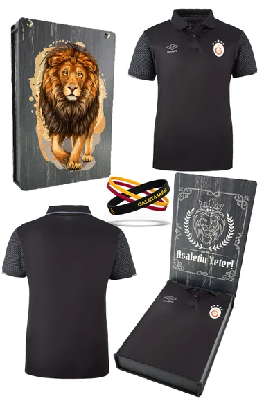 Galatasaray Orj. Lisanslı 5 Yıldızlı Polo Yaka Siyah T-Shirt + Bileklik Set Hediyelik Ahşap Kutulu