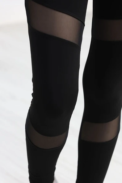 Dalgıç Kumaş Tül Detaylı Yüksekbel Tayt Siyah - Resim 5