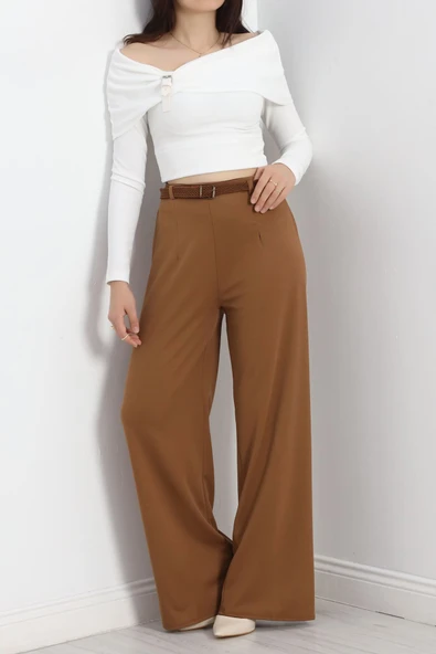 Kemerli Palazzo Pantolon Sütlükahve - Resim 5