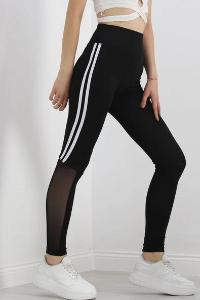 Paça Tül Şeritli Dalgıç Tayt Siyah - 4