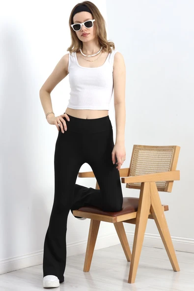 Geniş Kemer İspanyol Paça Dalgıç Tayt Siyah - 4