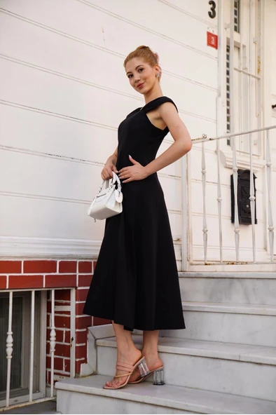 U yaka prenses elbise siyah s255101 - 4