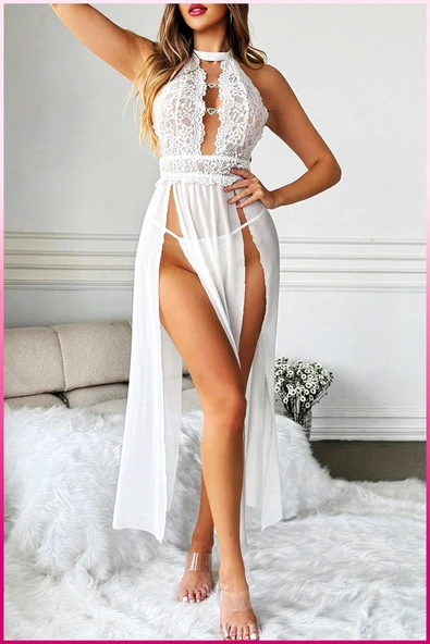 Transparan Dantelli Halter Yaka 3’lü Gecelik Takım,Derin Yırtmaçlı, Taş Detaylı, Askılı Slip - 6