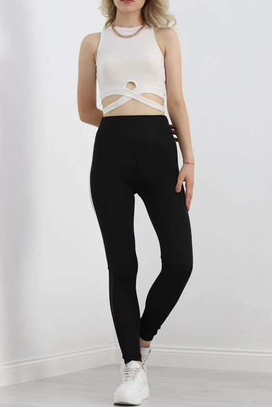 Paça Tül Şeritli Dalgıç Tayt Siyah - 8